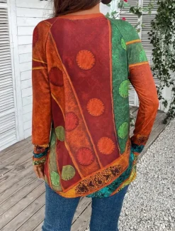 Hot Women's T shirt Long Sleeve Vintage Ethnic Casual Print Long Sleeve Long Tops Crew Neck Daily Red Purple Green Fall Winter Prefall Women Spring Tops|Boho Tops
