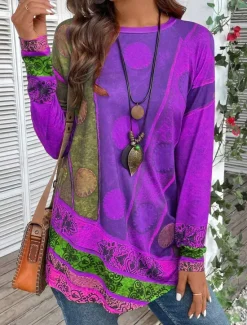 Hot Women's T shirt Long Sleeve Vintage Ethnic Casual Print Long Sleeve Long Tops Crew Neck Daily Red Purple Green Fall Winter Prefall Women Spring Tops|Boho Tops
