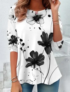 Discount Women's T shirt Long Sleeve Crew Neck Long Sleeve Tunic Floral Graphic Casual Regular Tops Daily Print Spring Fall Prefall Women T-Shirts|Spring Tops