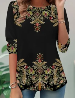 New Women's T shirt Long Sleeve Crew Neck Long Sleeve Tunic Floral Graphic Casual Regular Tops Daily Print White / Black Black Blue Orange Brown Spring Fall Prefall Women Boho Tops