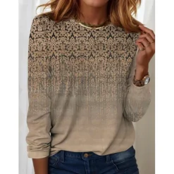 Discount Women's T shirt Long Sleeve Crew Neck Long Sleeve Tunic Streetwear Casual Print Regular Tops Round Neck Daily Weekend Blue Purple Green Khaki Spring Fall Prefall Women Boho Tops
