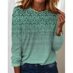 Discount Women's T shirt Long Sleeve Crew Neck Long Sleeve Tunic Streetwear Casual Print Regular Tops Round Neck Daily Weekend Blue Purple Green Khaki Spring Fall Prefall Women Boho Tops