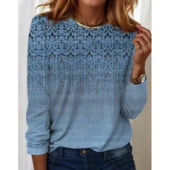 Discount Women's T shirt Long Sleeve Crew Neck Long Sleeve Tunic Streetwear Casual Print Regular Tops Round Neck Daily Weekend Blue Purple Green Khaki Spring Fall Prefall Women Boho Tops