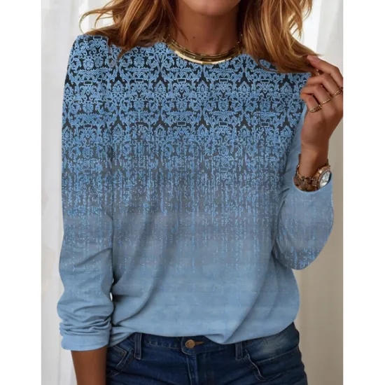 Discount Women's T shirt Long Sleeve Crew Neck Long Sleeve Tunic Streetwear Casual Print Regular Tops Round Neck Daily Weekend Blue Purple Green Khaki Spring Fall Prefall Women Boho Tops