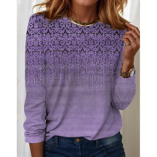 Discount Women's T shirt Long Sleeve Crew Neck Long Sleeve Tunic Streetwear Casual Print Regular Tops Round Neck Daily Weekend Blue Purple Green Khaki Spring Fall Prefall Women Boho Tops