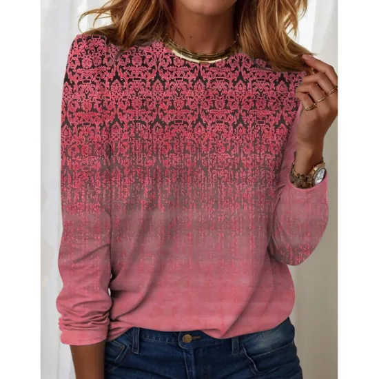 Discount Women's T shirt Long Sleeve Crew Neck Long Sleeve Tunic Streetwear Casual Print Regular Tops Round Neck Daily Weekend Blue Purple Green Khaki Spring Fall Prefall Women Boho Tops