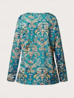 Discount Women's T shirt Long Sleeve Graphic Geometric Plants Basic Long Sleeve Pile Neck V Neck Regular Tops Daily Sports Weekend Buttons Print Green Gray Spring Fall Winter Prefall Women Women's Tops