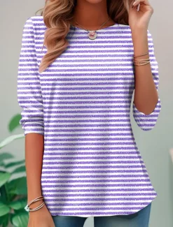 Women's T shirt Long Sleeve Crew Neck Long Sleeve Tunic Graphic Striped Elegant Vintage Regular Tops Daily Going out Weekend Print Pink Blue Purple Orange Green Prefall Women T-Shirts