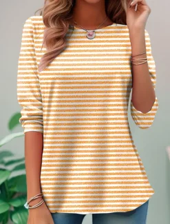 Women's T shirt Long Sleeve Crew Neck Long Sleeve Tunic Graphic Striped Elegant Vintage Regular Tops Daily Going out Weekend Print Pink Blue Purple Orange Green Prefall Women T-Shirts