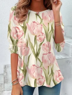 Sale Women's T shirt Long Sleeve Crew Neck Long Sleeve Tunic Floral Casual Regular Tops Daily Print Spring Fall Prefall Women T-Shirts
