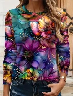 Sale Women's T shirt Long Sleeve Crew Neck Long Sleeve Tunic Floral Graphic Plants Vintage Stylish Classic Round Neck Regular Tops Daily Print Yellow Red Blue Purple Green Fall Prefall Women T-Shirts