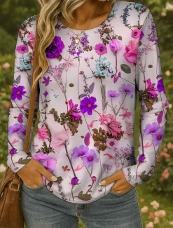 Hot Women's T shirt Long Sleeve Crew Neck Long Sleeve Tunic Floral Graphic Plants Vintage Stylish Classic Round Neck Regular Tops Daily Print Yellow Red Blue Purple Green Fall Prefall Women T-Shirts