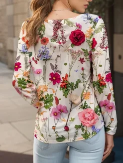 Hot Women's T shirt Long Sleeve Crew Neck Long Sleeve Tunic Floral Graphic Plants Vintage Stylish Classic Round Neck Regular Tops Daily Print Yellow Red Blue Purple Green Fall Prefall Women T-Shirts