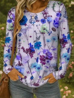 Hot Women's T shirt Long Sleeve Crew Neck Long Sleeve Tunic Floral Graphic Plants Vintage Stylish Classic Round Neck Regular Tops Daily Print Yellow Red Blue Purple Green Fall Prefall Women T-Shirts