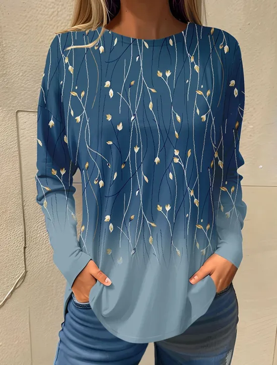 Online Women's T shirt Long Sleeve Basic Floral Print Long Sleeve Regular Tops Round Neck Holiday Weekend White Pink Red Navy Blue Blue Fall & Winter Prefall Women T-Shirts