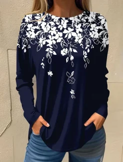 Online Women's T shirt Long Sleeve Basic Floral Print Long Sleeve Regular Tops Round Neck Holiday Weekend White Pink Red Navy Blue Blue Fall & Winter Prefall Women T-Shirts