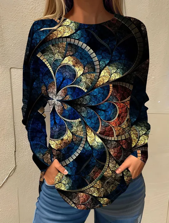Online Women's T shirt Long Sleeve Basic Floral Print Long Sleeve Regular Tops Round Neck Holiday Weekend White Pink Red Navy Blue Blue Fall & Winter Prefall Women T-Shirts