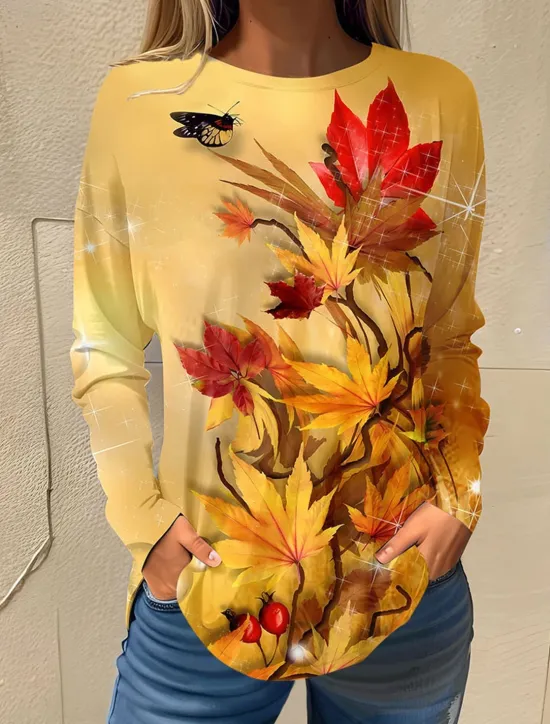 Online Women's T shirt Long Sleeve Basic Floral Print Long Sleeve Regular Tops Round Neck Holiday Weekend White Pink Red Navy Blue Blue Fall & Winter Prefall Women T-Shirts