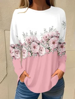 Online Women's T shirt Long Sleeve Basic Floral Print Long Sleeve Regular Tops Round Neck Holiday Weekend White Pink Red Navy Blue Blue Fall & Winter Prefall Women T-Shirts