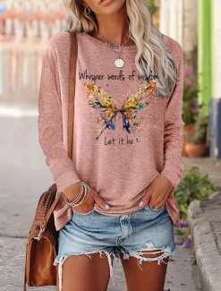 Clearance Women's T shirt Long Sleeve Tee Black Pink Blue Butterfly Letter Print Long Sleeve Casual Hawaiian Round Neck Long Loose Fit Butterfly S Prefall Women T-Shirts