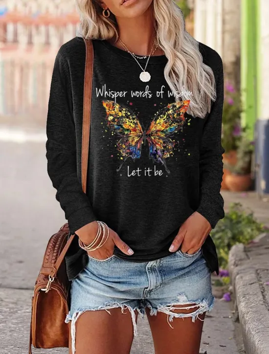Clearance Women's T shirt Long Sleeve Tee Black Pink Blue Butterfly Letter Print Long Sleeve Casual Hawaiian Round Neck Long Loose Fit Butterfly S Prefall Women T-Shirts