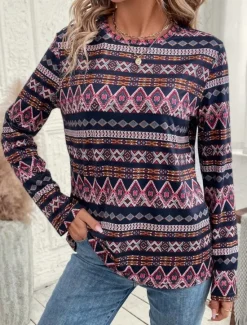 New Women's T shirt Long Sleeve Crew Neck Long Sleeve Tunic Geometric Vintage Casual Regular Tops Daily Print Spring Fall Prefall Women Boho Tops