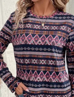 New Women's T shirt Long Sleeve Crew Neck Long Sleeve Tunic Geometric Vintage Casual Regular Tops Daily Print Spring Fall Prefall Women Boho Tops