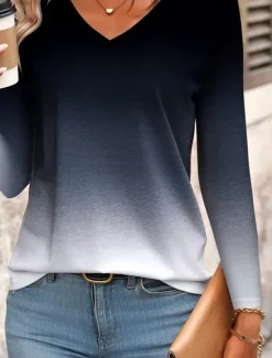 Hot Women's T shirt Long Sleeve V Neck Long Sleeve Tunic Ombre Casual Regular Tops Daily Print Spring Fall Prefall Women Spring Tops
