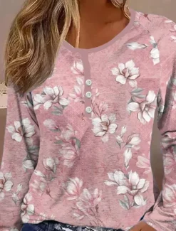 New Women's T shirt Long Sleeve Striped Daily Casual Long Sleeve V Neck Regular Tops Daily Holiday Buttons Pink Red Gray Spring Fall Winter Prefall Women Boho Tops