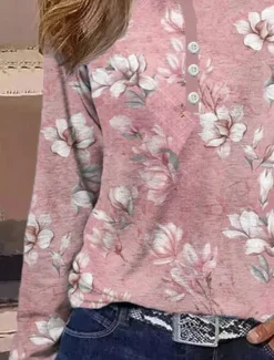 New Women's T shirt Long Sleeve Striped Daily Casual Long Sleeve V Neck Regular Tops Daily Holiday Buttons Pink Red Gray Spring Fall Winter Prefall Women Boho Tops