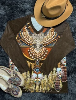 Sale Women's T shirt Long Sleeve V Neck Long Sleeve Graphic Casual Vintage Print Regular Tops Vacation Weekend Army Green Gray Spring Fall Prefall Women T-Shirts|Boho Tops