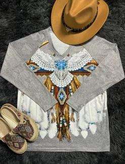 Sale Women's T shirt Long Sleeve V Neck Long Sleeve Graphic Casual Vintage Print Regular Tops Vacation Weekend Army Green Gray Spring Fall Prefall Women T-Shirts|Boho Tops
