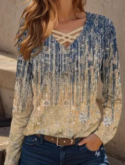 Hot Women's T shirt Long Sleeve Graphic Gradient Casual Long Sleeve V Neck Regular Tops Daily Cut Out Print Spring Fall Prefall Women Boho Tops