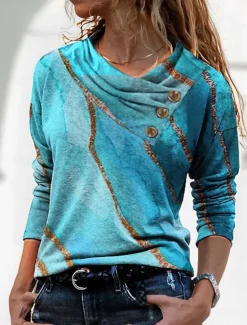 Discount Women's T shirt Long Sleeve Geometric Abstract Basic Long Sleeve Pile Neck V Neck Regular Tops Daily Weekend Buttons Print Royal Blue Blue Gray Spring Fall Winter Prefall Women T-Shirts