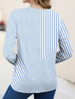 Women's T shirt Long Sleeve Crew Neck Long Sleeve Tunic Graphic Geometric Striped Elegant Vintage Regular Tops Daily Going out Weekend Print Pink Blue Purple Orange Green Prefall Women T-Shirts