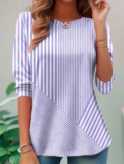 Women's T shirt Long Sleeve Crew Neck Long Sleeve Tunic Graphic Geometric Striped Elegant Vintage Regular Tops Daily Going out Weekend Print Pink Blue Purple Orange Green Prefall Women T-Shirts