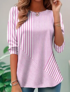 Women's T shirt Long Sleeve Crew Neck Long Sleeve Tunic Graphic Geometric Striped Elegant Vintage Regular Tops Daily Going out Weekend Print Pink Blue Purple Orange Green Prefall Women T-Shirts