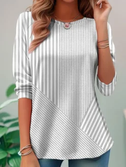 Women's T shirt Long Sleeve Crew Neck Long Sleeve Tunic Graphic Geometric Striped Elegant Vintage Regular Tops Daily Going out Weekend Print Pink Blue Purple Orange Green Prefall Women T-Shirts