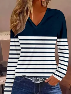 Sale Women's T shirt Long Sleeve V Neck Long Sleeve Tunic Striped Basic Regular Tops Daily Weekend Print Fall & Winter Prefall Women T-Shirts