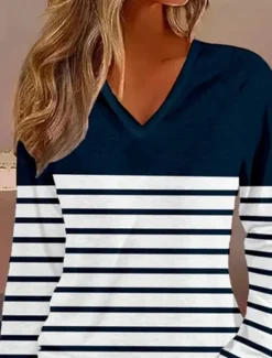 Sale Women's T shirt Long Sleeve V Neck Long Sleeve Tunic Striped Basic Regular Tops Daily Weekend Print Fall & Winter Prefall Women T-Shirts