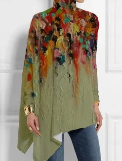 Online Women's T shirt Long Sleeve Fashion Floral Print Asymmetric Hem Long Sleeve Long Tops High Neck Casual Holiday Blue Green Gray Spring & Fall Prefall Women Boho Tops