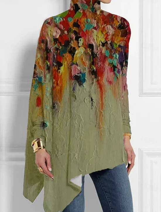Online Women's T shirt Long Sleeve Fashion Floral Print Asymmetric Hem Long Sleeve Long Tops High Neck Casual Holiday Blue Green Gray Spring & Fall Prefall Women Boho Tops