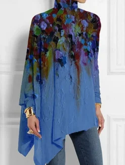 Online Women's T shirt Long Sleeve Fashion Floral Print Asymmetric Hem Long Sleeve Long Tops High Neck Casual Holiday Blue Green Gray Spring & Fall Prefall Women Boho Tops