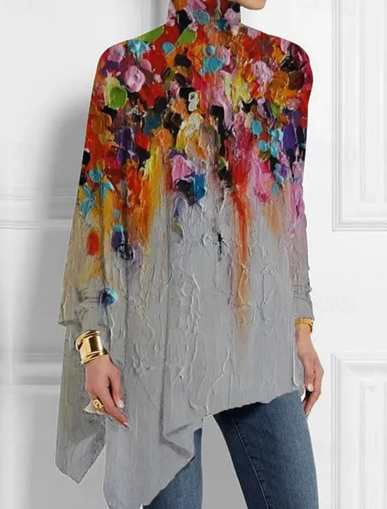 Online Women's T shirt Long Sleeve Fashion Floral Print Asymmetric Hem Long Sleeve Long Tops High Neck Casual Holiday Blue Green Gray Spring & Fall Prefall Women Boho Tops