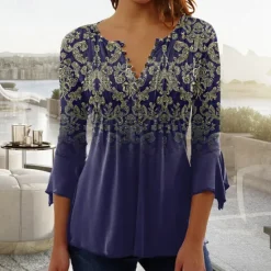 Sale Women's T shirt Long Sleeve Henley T Shirt Blouse Floral Vintage Basic 3/4 Length Sleeve Round Neck Regular Tops Casual Weekend Buttons Print Blue Purple Green Prefall Women Tunic Tops|Boho Tops