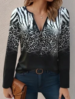 Outlet Women's T shirt Long Sleeve Quarter Zip Long Sleeve Casual Ombre Leopard V Neck Regular Tops Daily Spring Winter Prefall Women T-Shirts