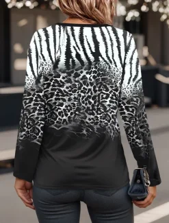 Outlet Women's T shirt Long Sleeve Quarter Zip Long Sleeve Casual Ombre Leopard V Neck Regular Tops Daily Spring Winter Prefall Women T-Shirts
