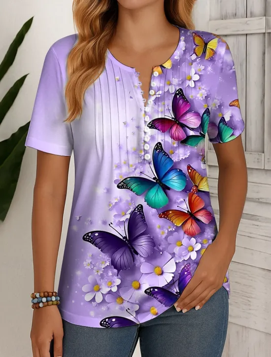 Best Women's T Shirt Ombre Floral Graphic Vintage Stylish Classic Short Sleeve Round Neck Regular Tops Daily Weekend Beach Wear Buttons Smocked Print Red Purple Green Summer Spring Women T-Shirts