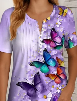 Best Women's T Shirt Ombre Floral Graphic Vintage Stylish Classic Short Sleeve Round Neck Regular Tops Daily Weekend Beach Wear Buttons Smocked Print Red Purple Green Summer Spring Women T-Shirts
