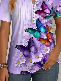 Best Women's T Shirt Ombre Floral Graphic Vintage Stylish Classic Short Sleeve Round Neck Regular Tops Daily Weekend Beach Wear Buttons Smocked Print Red Purple Green Summer Spring Women T-Shirts